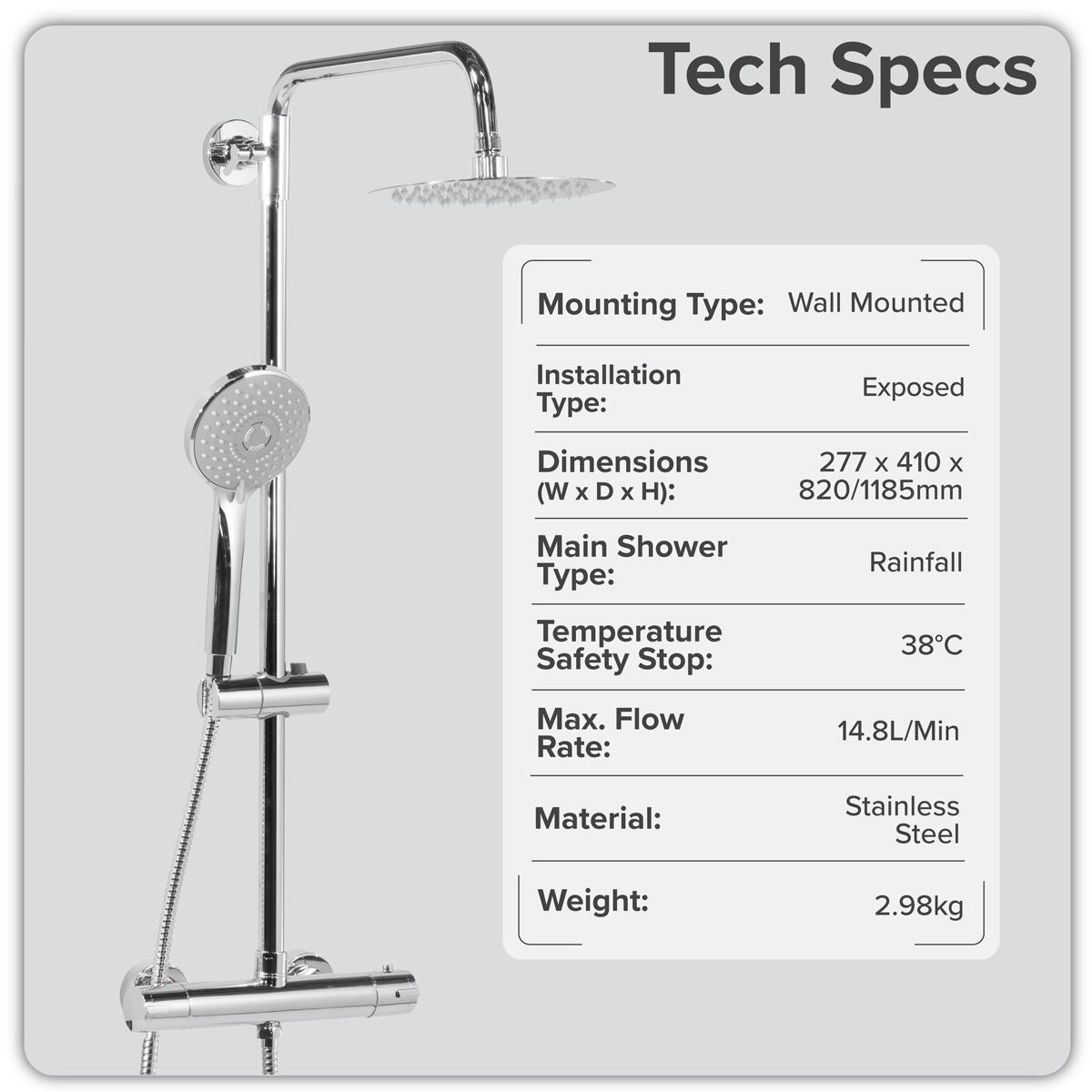 Baridi Thermostatic Shower Mixer Set, 20cm Round Head, Adjustable Rail - Chrome DH314