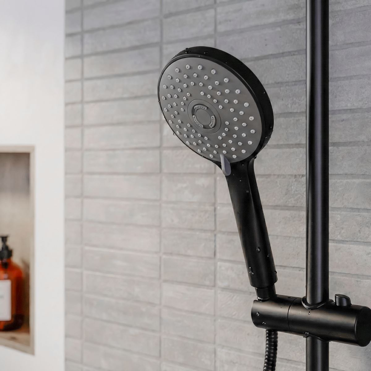 Baridi Thermostatic Shower Mixer Set, 20cm Round Head, Adjustable Rail - Black