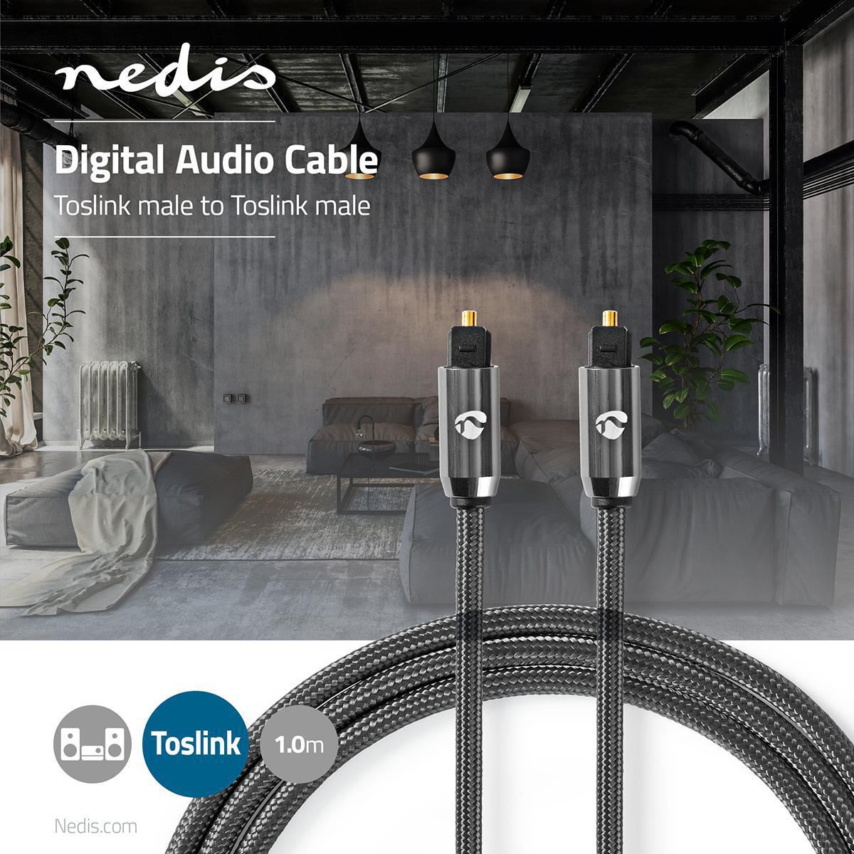 Nedis 1m Digital Audio Cable TosLink Male to TosLink Male Gun Metal Grey Braided - CATB25000GY10