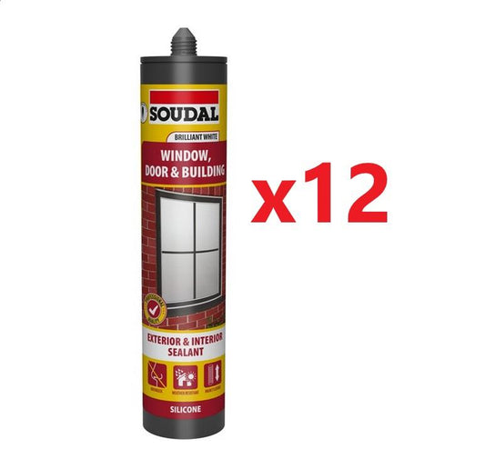 Soudal 12x Window, Door & Building Silicone Sealant - Brilliant WHITE (290ml)