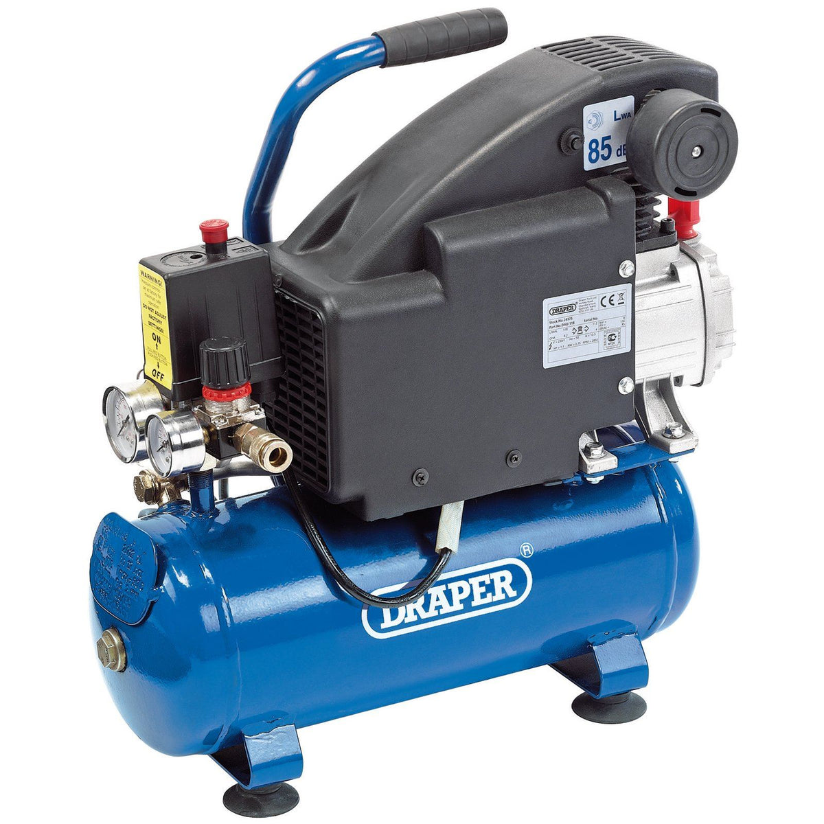 Draper 24975 8L Air Compressor 1.1HP 4.2CFM 8 BAR Pressure Regulator ...