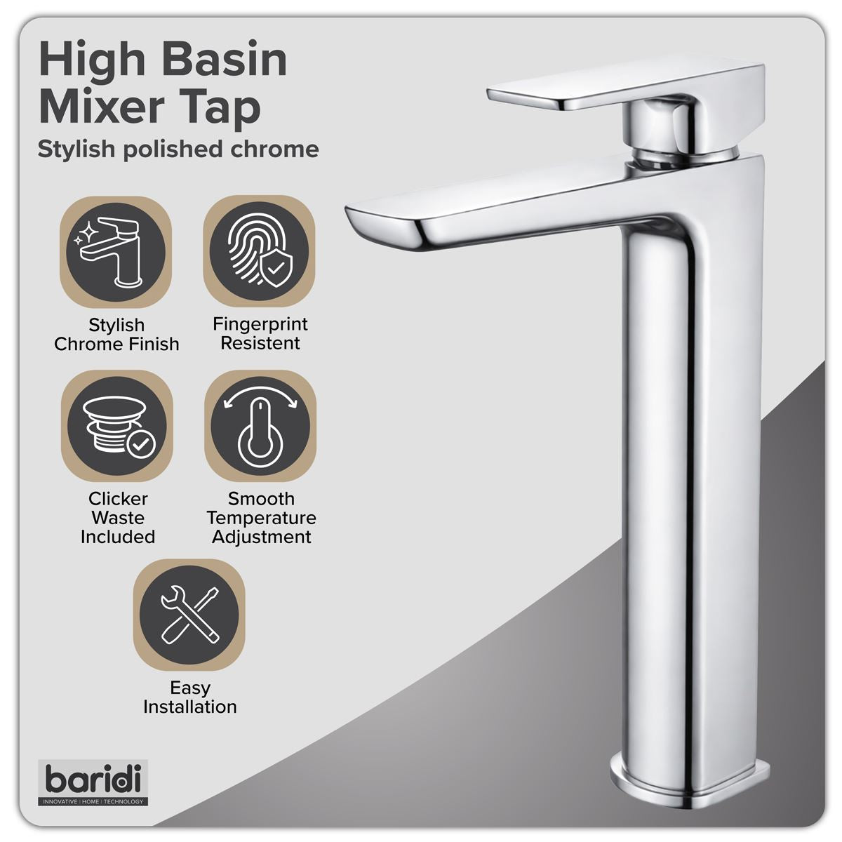 Baridi High Basin Mixer Tap with Clicker Waste - Chrome DH394