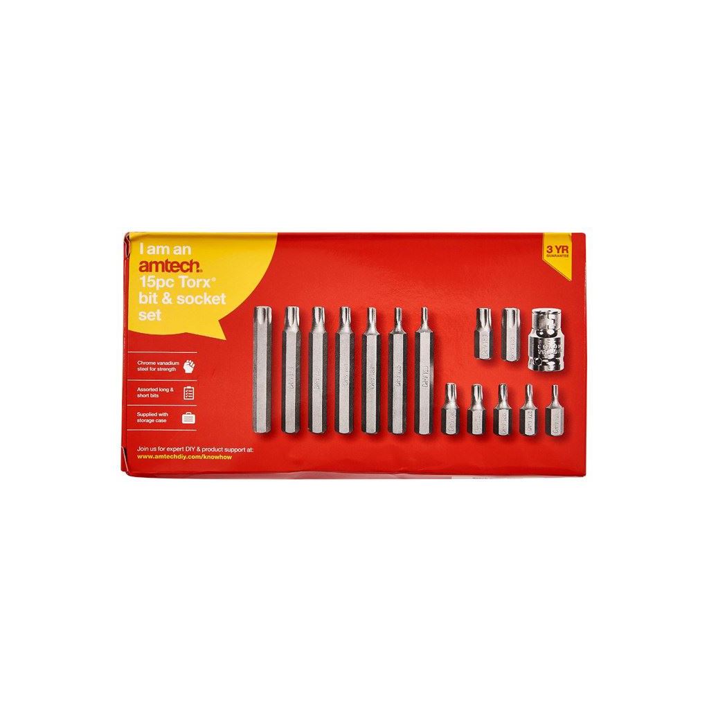 Amtech 15 Piece Torque Bit/Socket Set (Torx/Star/1/2" Drive Adaptor/30mm 75mm) - I8500