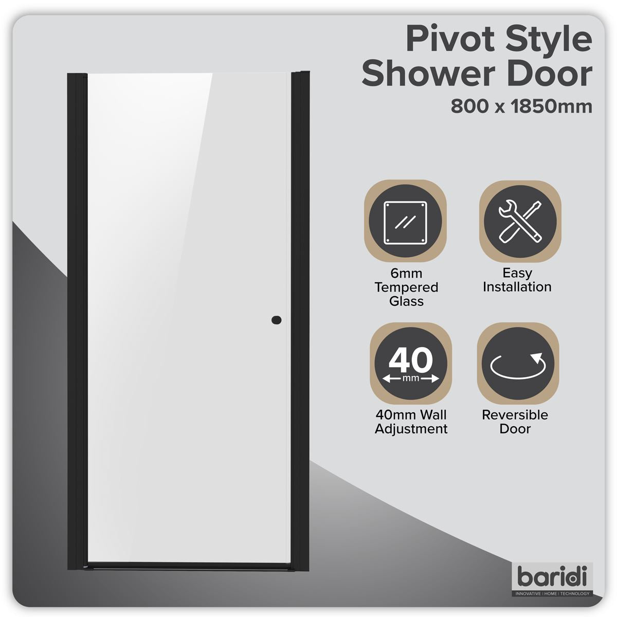 Baridi Pivot Shower Door 800 x 1850mm, 6mm Tempered Glass, Reversible - Black