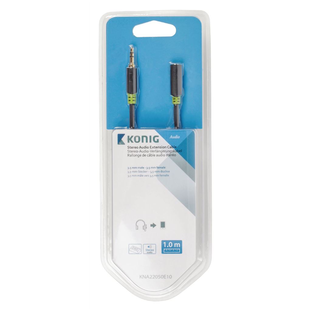 Konig Stereo audio extension cable 3.5mm male to female 1m grey - CABW22050AT10