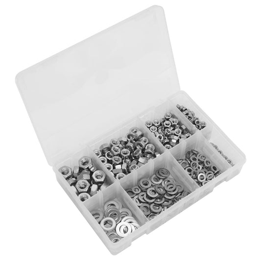 Sealey Stainless Steel Nut and Washer Assortment 500pc M5-M10 AB077NW