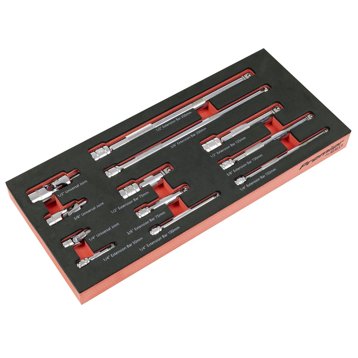 Sealey Premier Wobble Extension Bar Set & Tool Tray 1/4", 3/8" & 1/2"Sq Dr 12pc