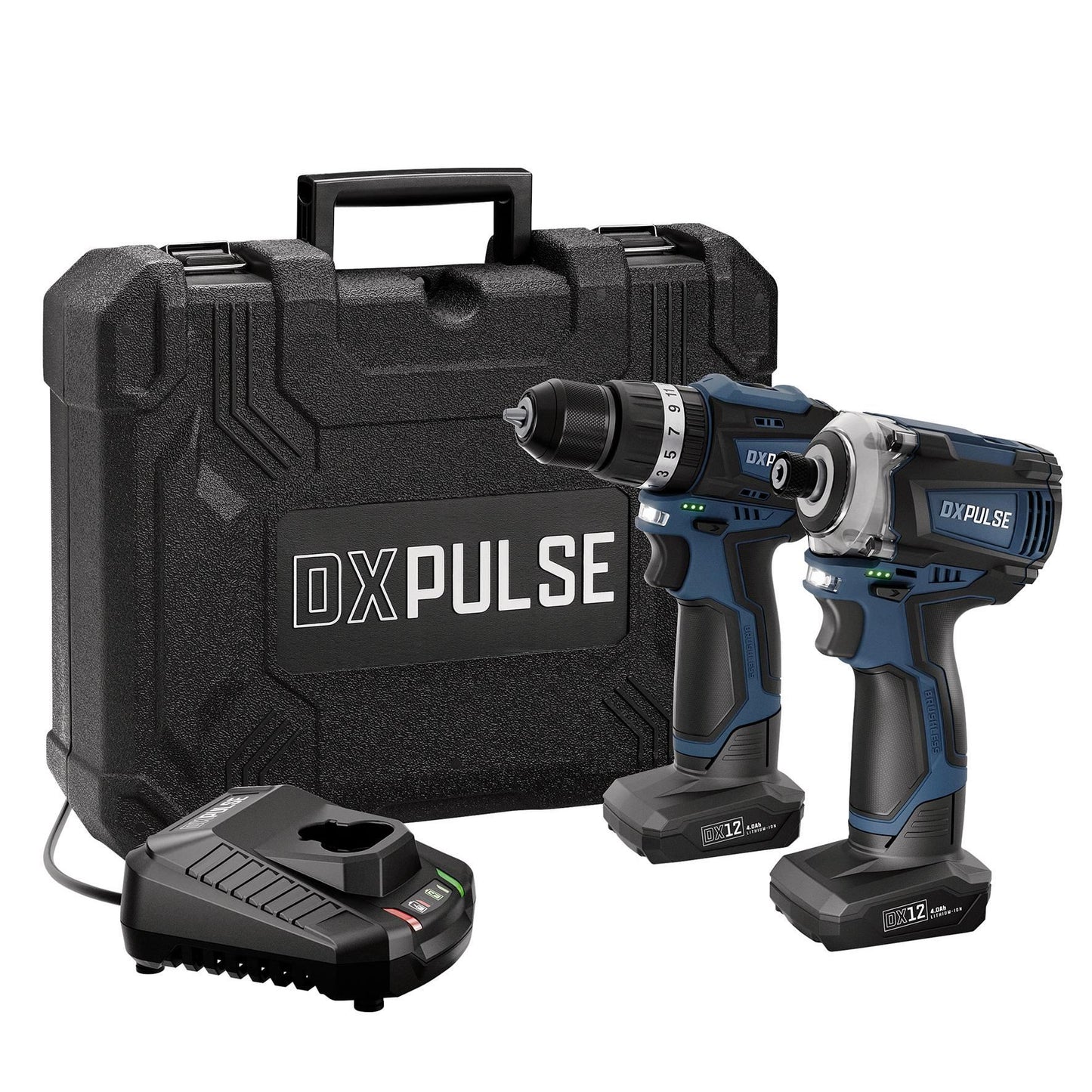 DXPULSE 12V Brushless Combi Drill & Impact Driver Kit, 1/4" Sq. Dr., 2 x 4.0Ah Batteries, 1 x Fast Charger