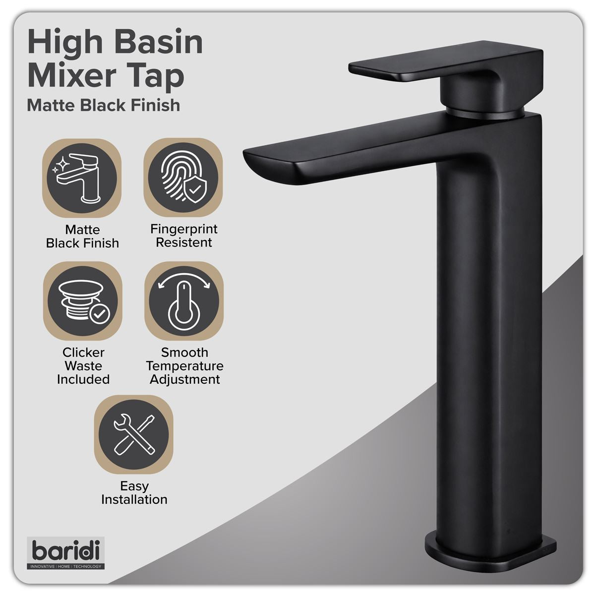 Baridi High Basin Mixer Tap with Clicker Waste - Matt Black DH395