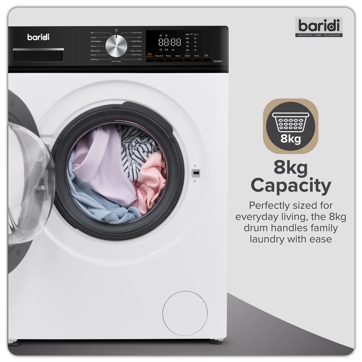Baridi 8kg Washing Machine, Front Loading, 1400rpm Energy Rating A � White DH262