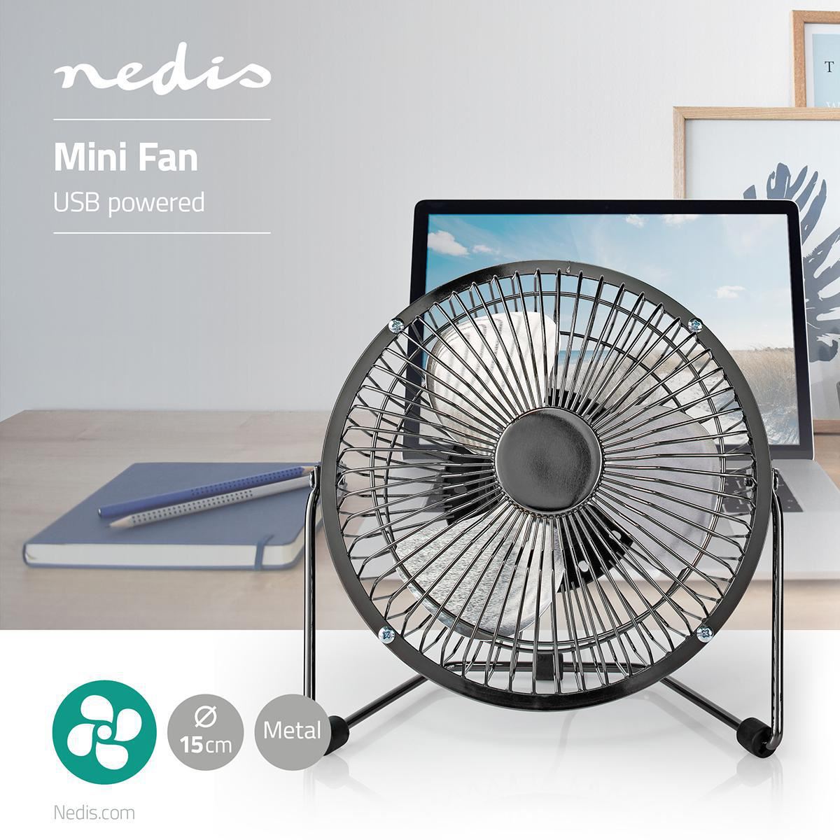 Nedis Metal Mini Fan 15cm Diameter USB Powered Gun Metal - FNDK1GM15