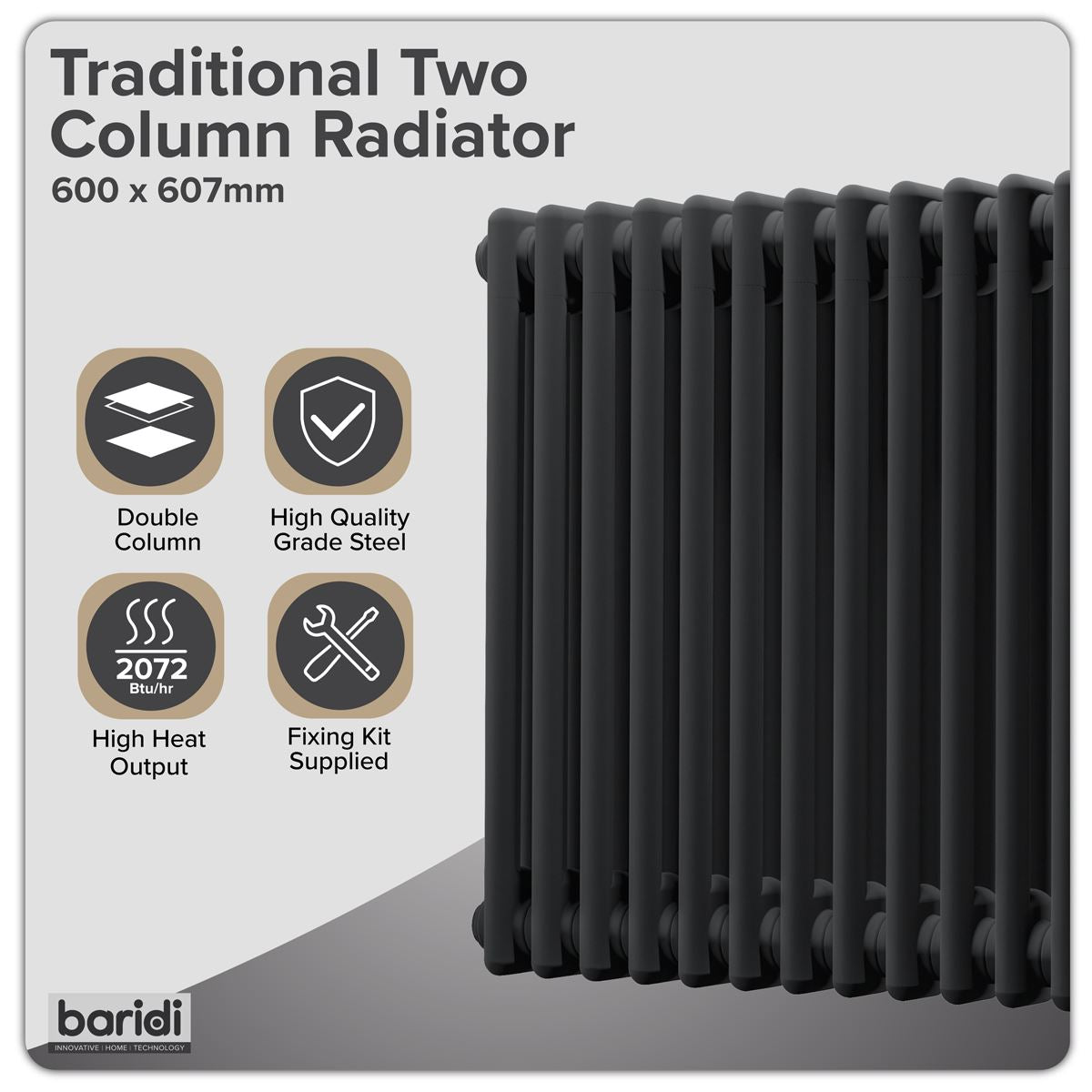 Baridi Horizontal Traditional 2 Column Radiator 600 x 607mm � Black DH362