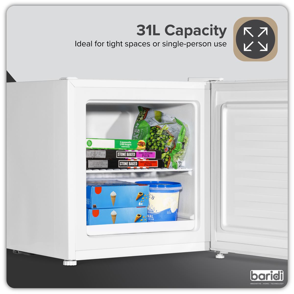 Baridi Mini Tabletop Fridge/Freezer, 31L Capacity - White DH254