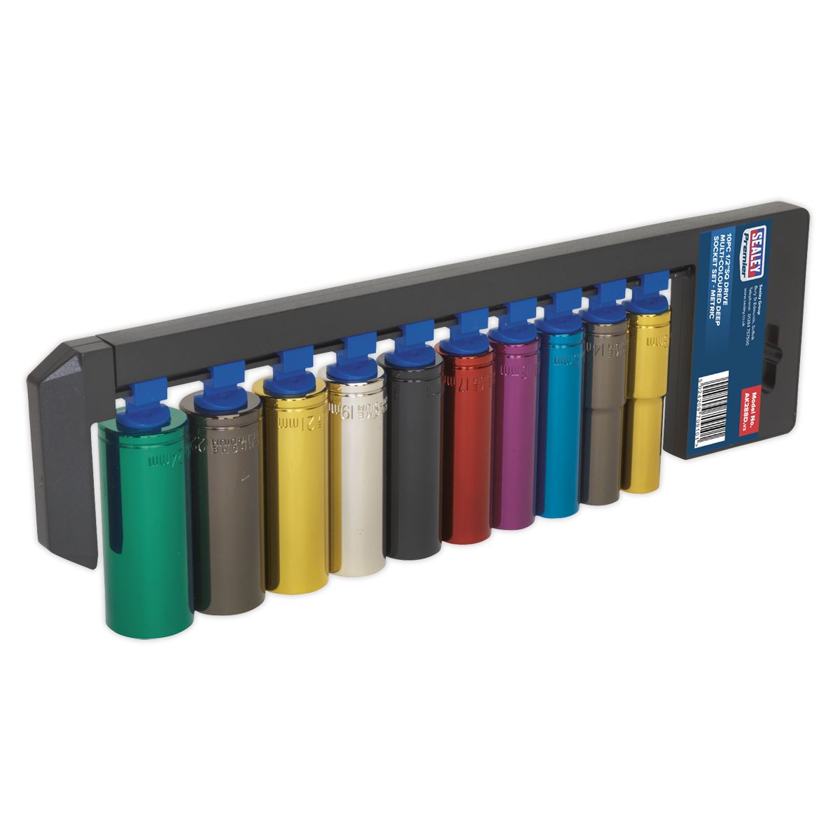 Sealey Multi-Colour Socket Set 10pc 1/2"Sq Dr 6pt Deep WallDrive MM AK288D