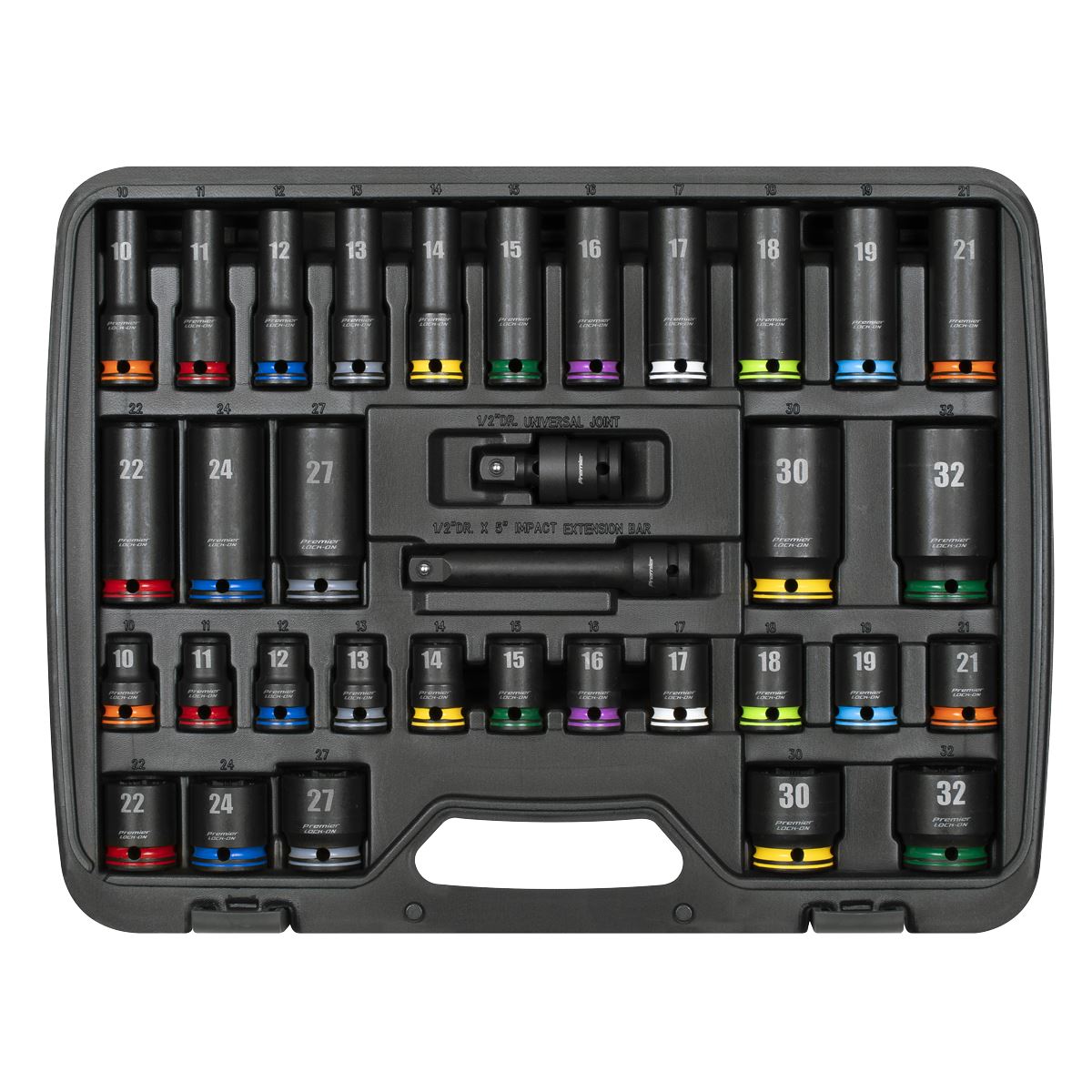 Sealey Metric Lock-On Standard & Deep Impact Socket Set 34pc 1/2"Sq Drive 6pt