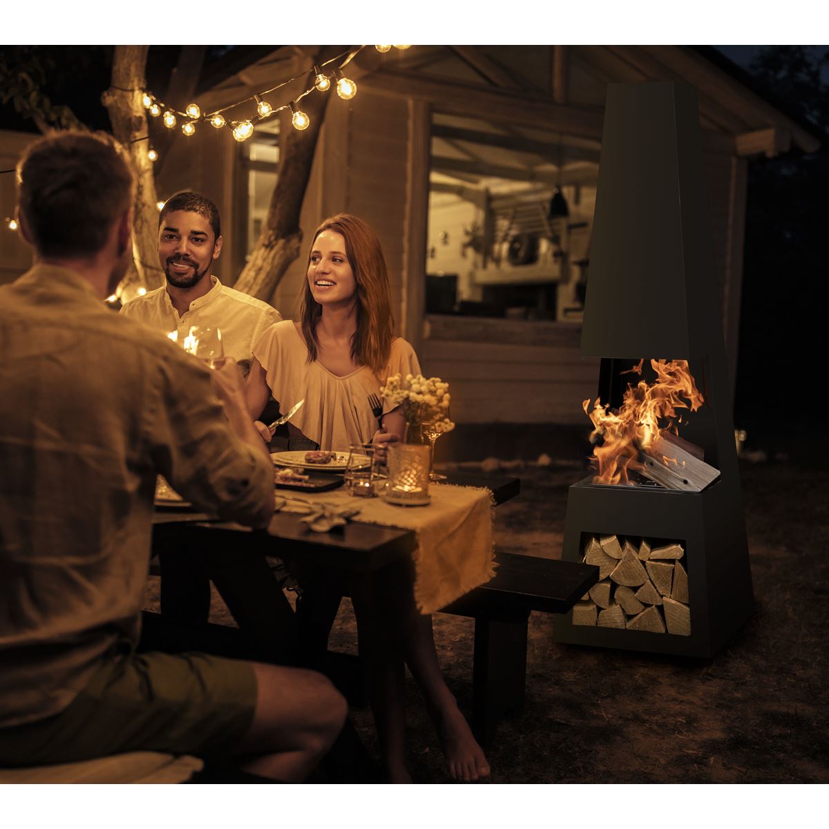 Dellonda Outdoor Chiminea Fireplace Fire Pit Heater Firewood Storage Black Steel DG107