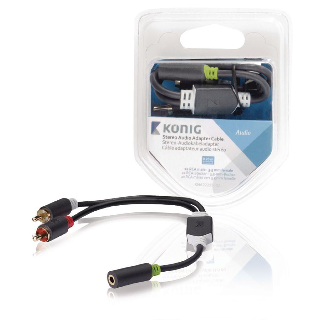 Konig Stereo audio adapter cable 2x RCA male to 3.5mm female 0.20m grey - CABW22255AT02