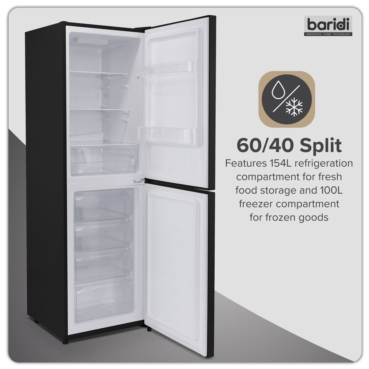 Baridi 50/50 Smart Frost Fridge Freezer 254L Capacity � Black DH329