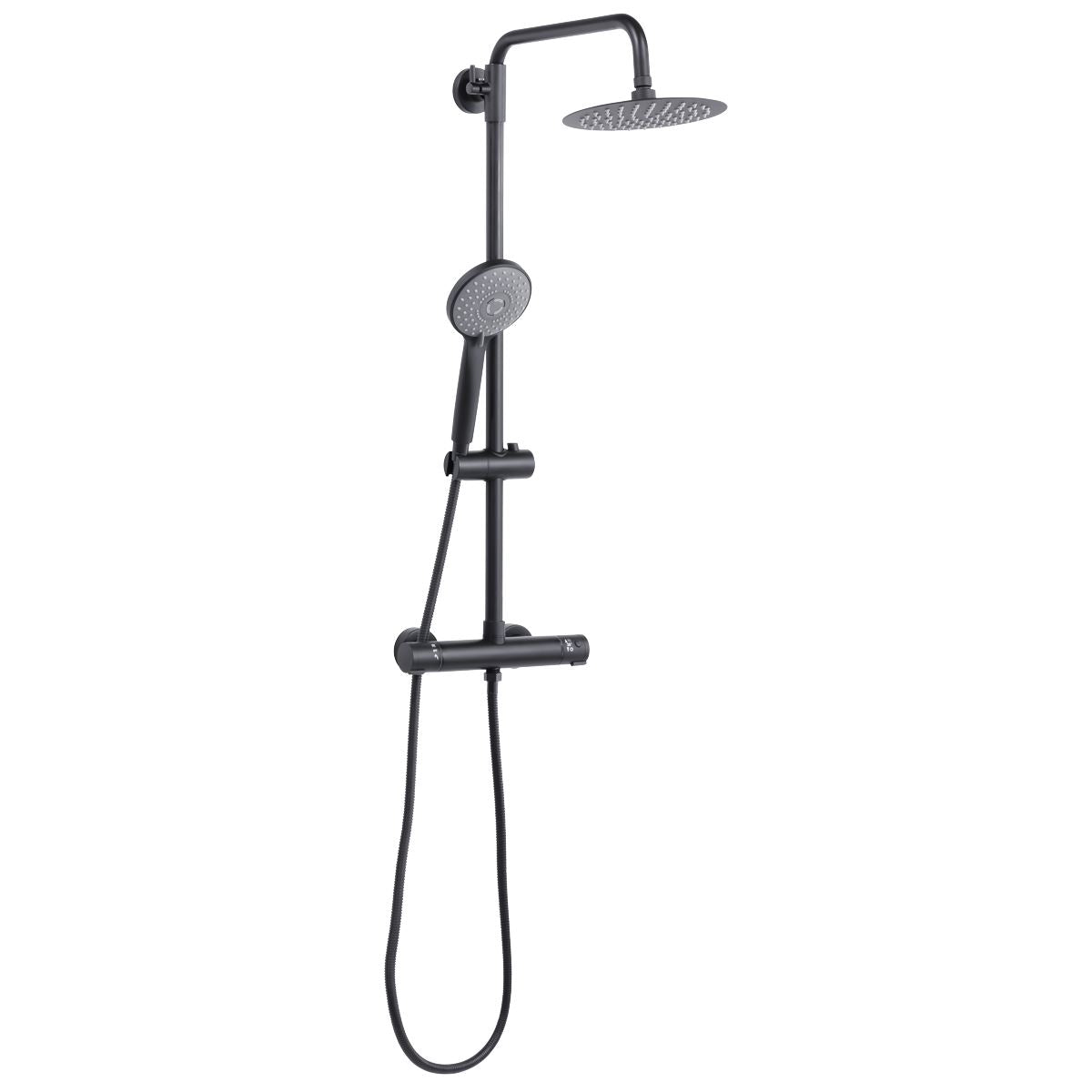 Baridi Thermostatic Shower Mixer Set, 20cm Round Head, Adjustable Rail - Black