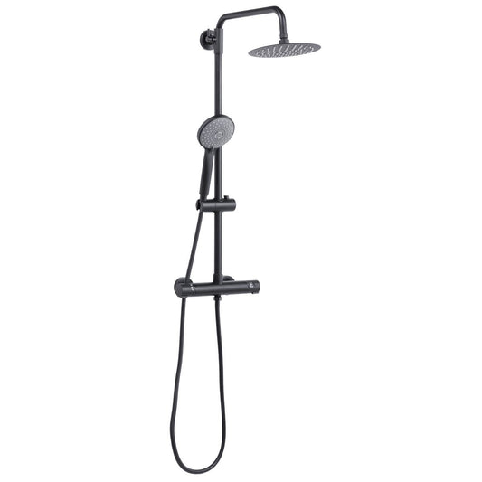 Baridi Thermostatic Shower Mixer Set, 20cm Round Head, Adjustable Rail - Black