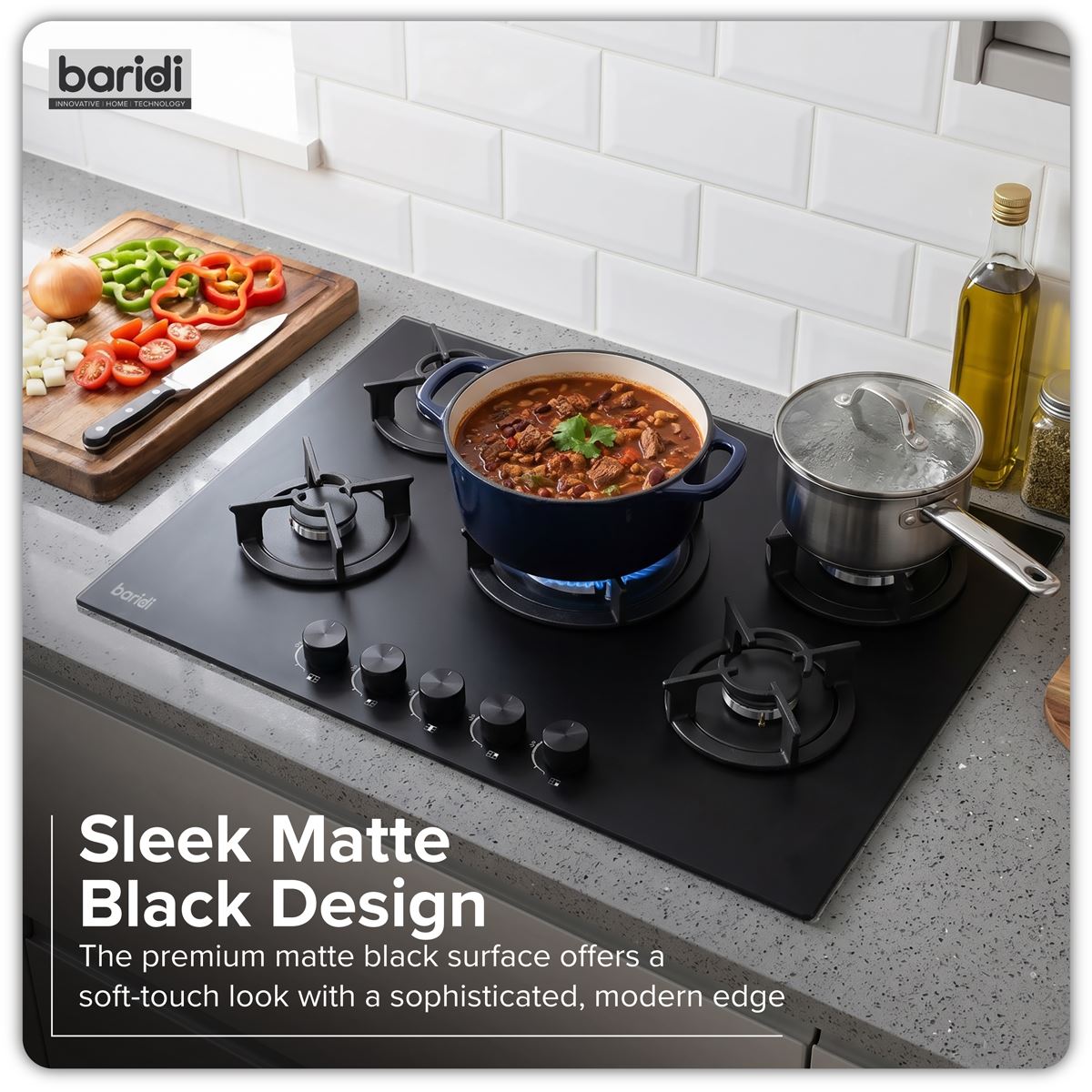 Baridi 70cm Gas Hob Matt Black with 5 Burners Cast Iron Supports & Auto Ignition