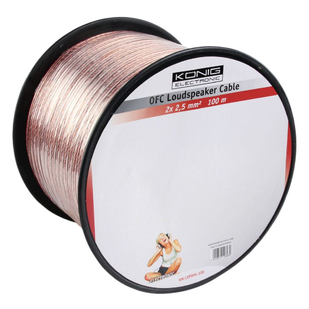 Konig OFC loudspeaker cable 2x 2.5 mm² on reel 100m transparent - CABR2500TR1000