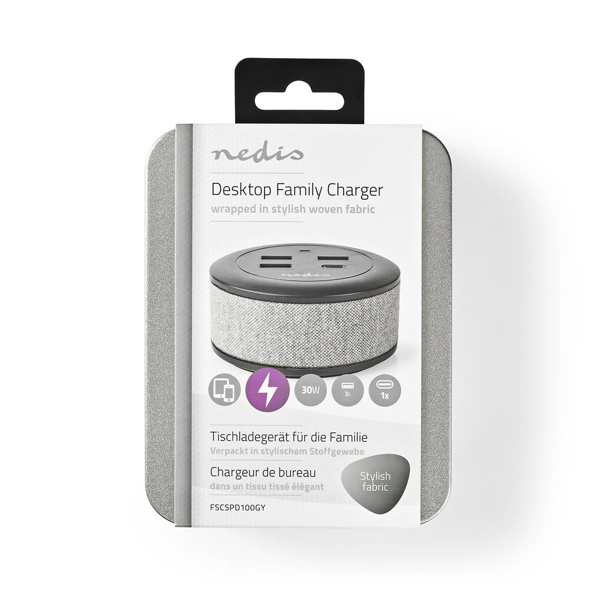 Nedis Fabric Desktop Family Charger 3x USB 2.1 A (Max.) 1x USB-C 30W PD Grey