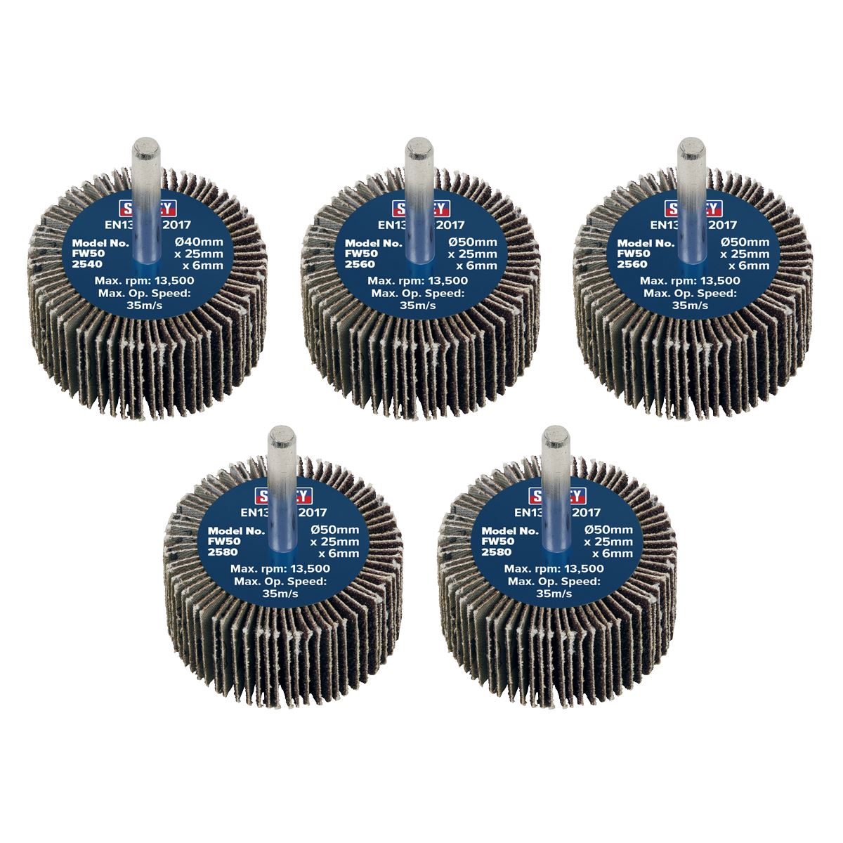 Sealey Abrasive Flap Wheel 50 x 25mm 6mm Shaft Assorted Grit - Pack of 5 FW5025ASS