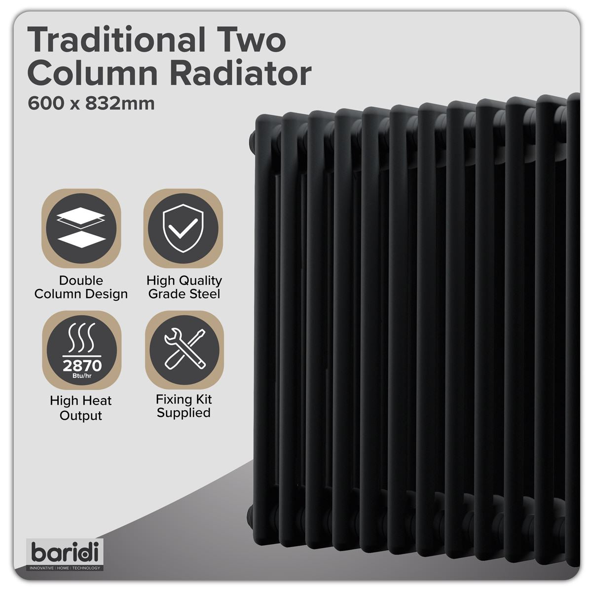 Baridi Horizontal Traditional 2 Column Radiator 600 x 832mm � Black DH363