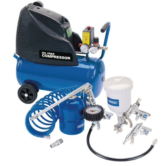 Draper 24 Litre Air Compressor & Tool Kit 5 Piece Air Tool 1.5HP 6CFM Oil Free - 25936