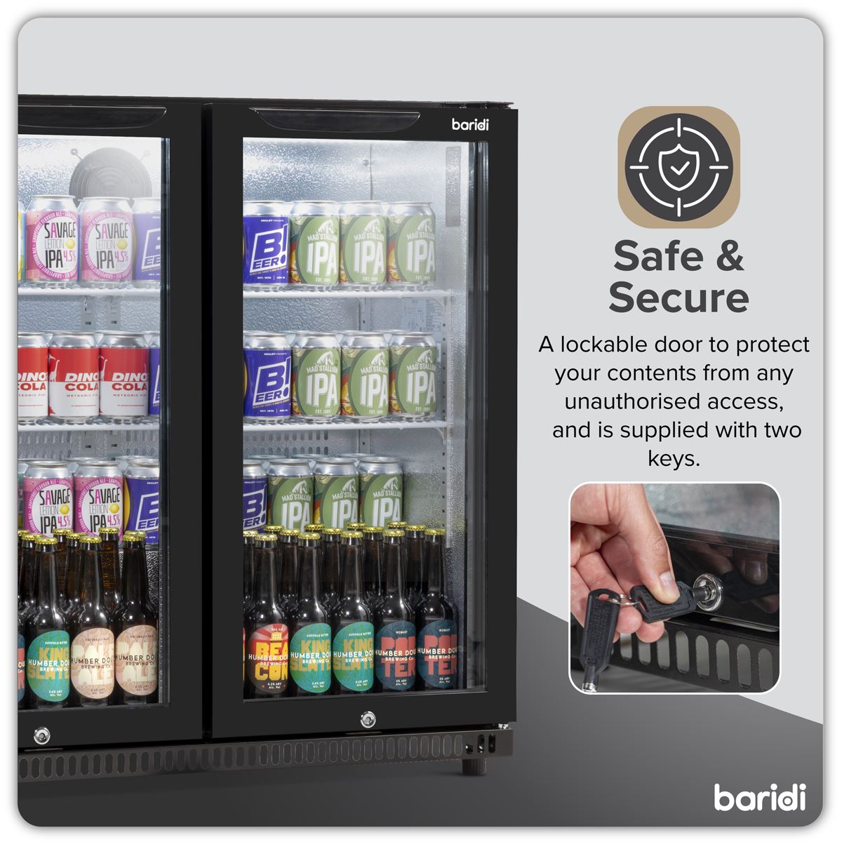Baridi Hinged Double Door, Back Bar Drinks Fridge/Cooler, 190L Capacity DH272