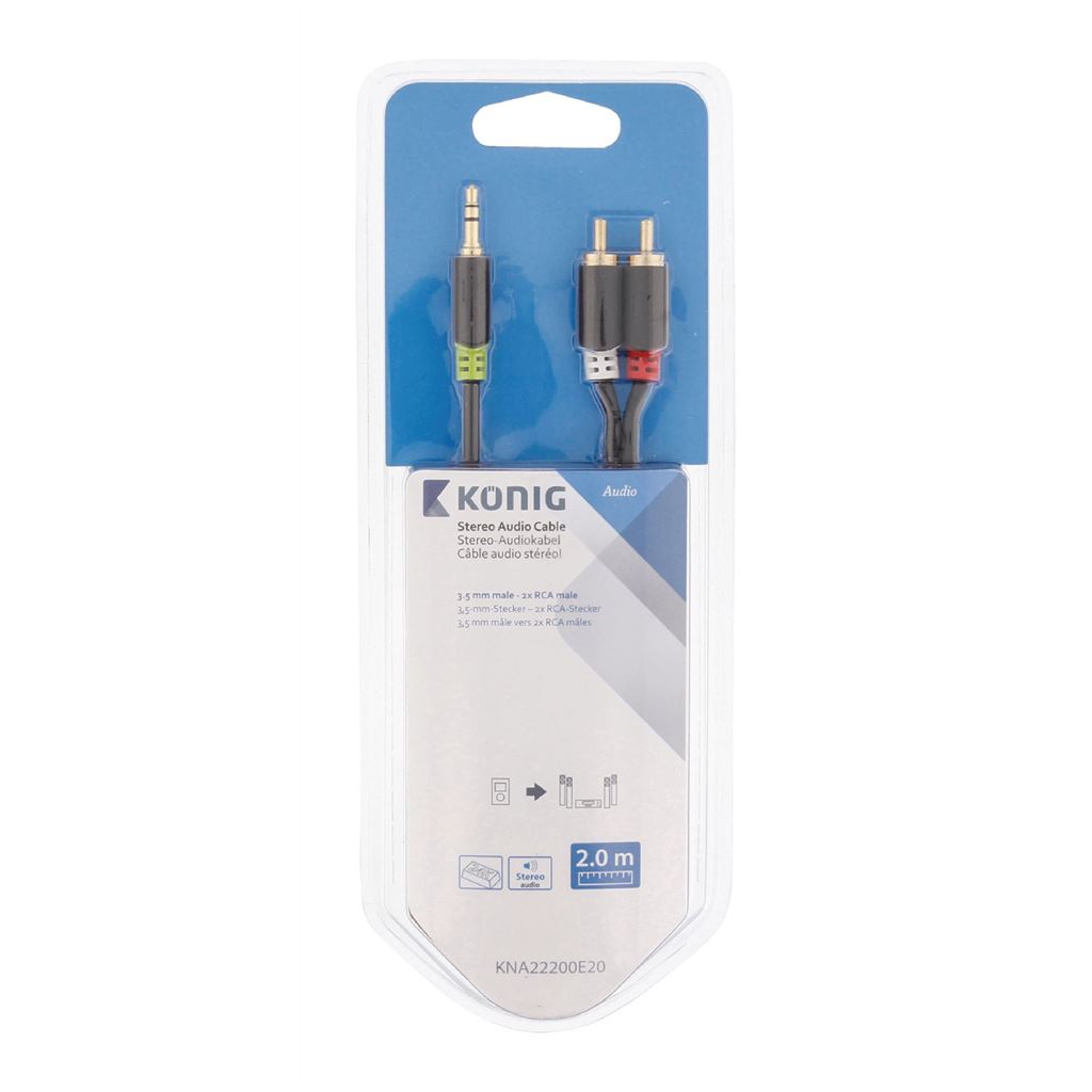 Konig Stereo audio cable 3.5mm male to 2x RCA male 2m grey - CABW22200AT20