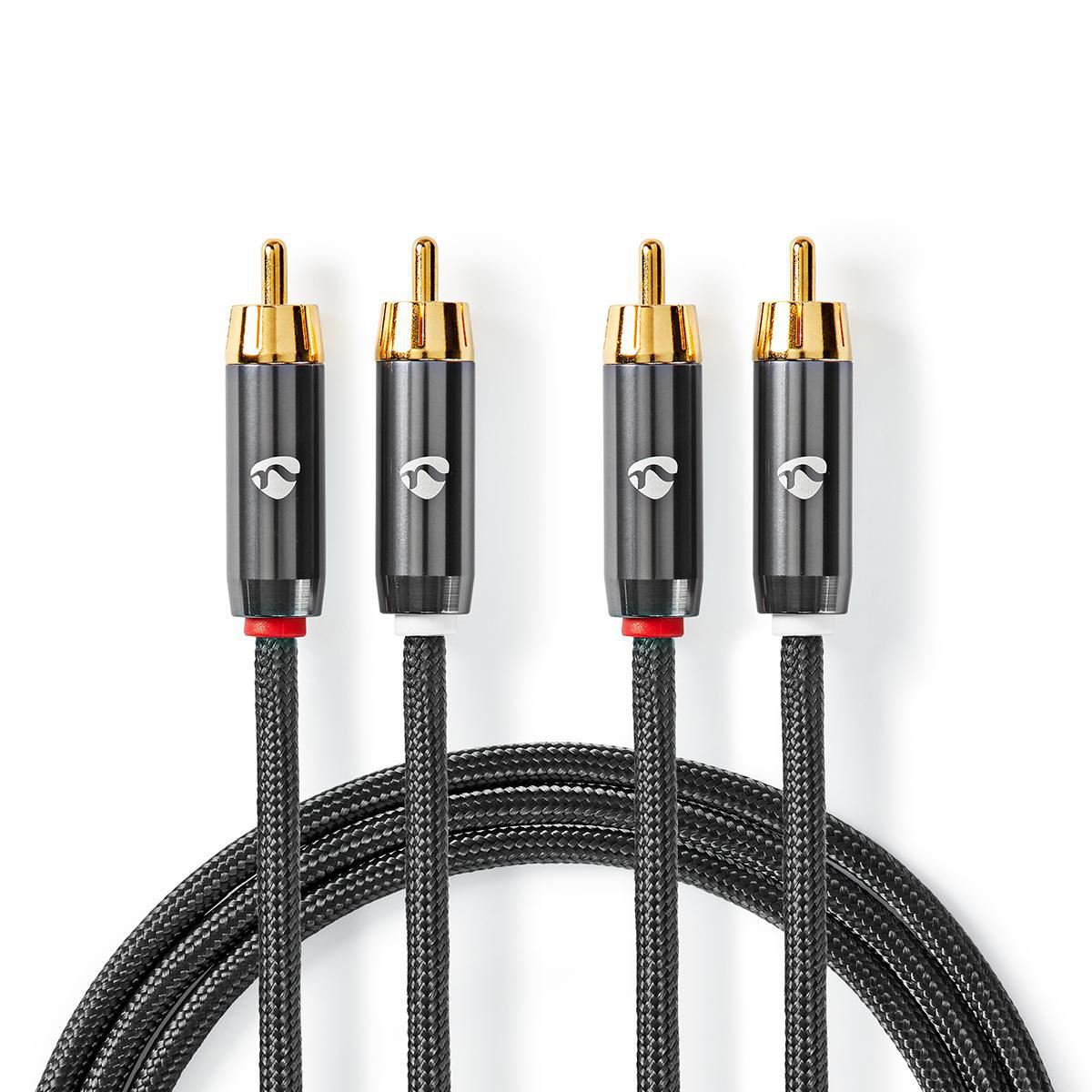 Nedis 5m Stereo Audio Cable 2x RCA Male to 2x RCA Male Gun Metal Grey Braided - CATB24200GY50