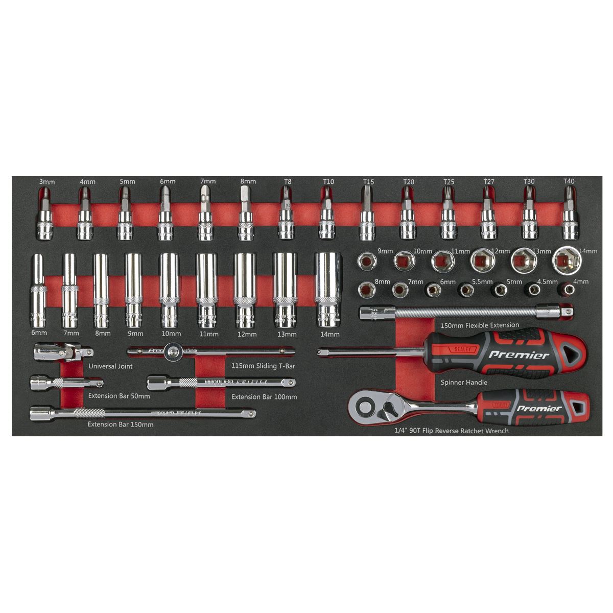 Sealey Premier Socket Set with Tool Tray 1/4"Sq Drive 44pc TBT40