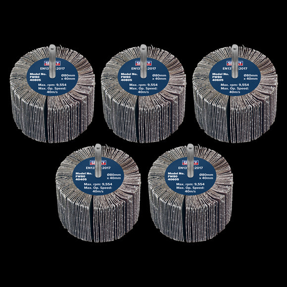 Sealey Abrasive Flap Wheel 80 x 40mm 6mm Shaft Assorted Grit - Pack of 5 FW8040ASS