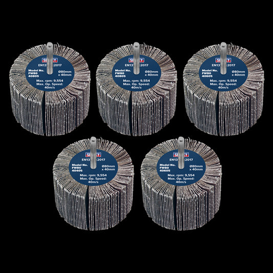 Sealey Abrasive Flap Wheel 80 x 40mm 6mm Shaft Assorted Grit - Pack of 5 FW8040ASS