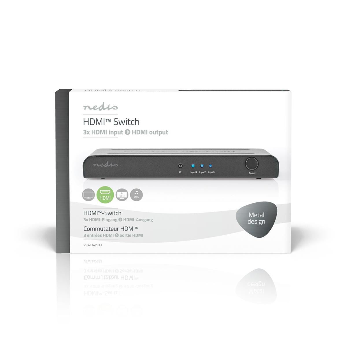 Nedis HDMI Switch 3-Port to 3x HDMI Input 1x HDMI Output 4K2K@60FPS/HDCP2.2 - VSWI3473AT