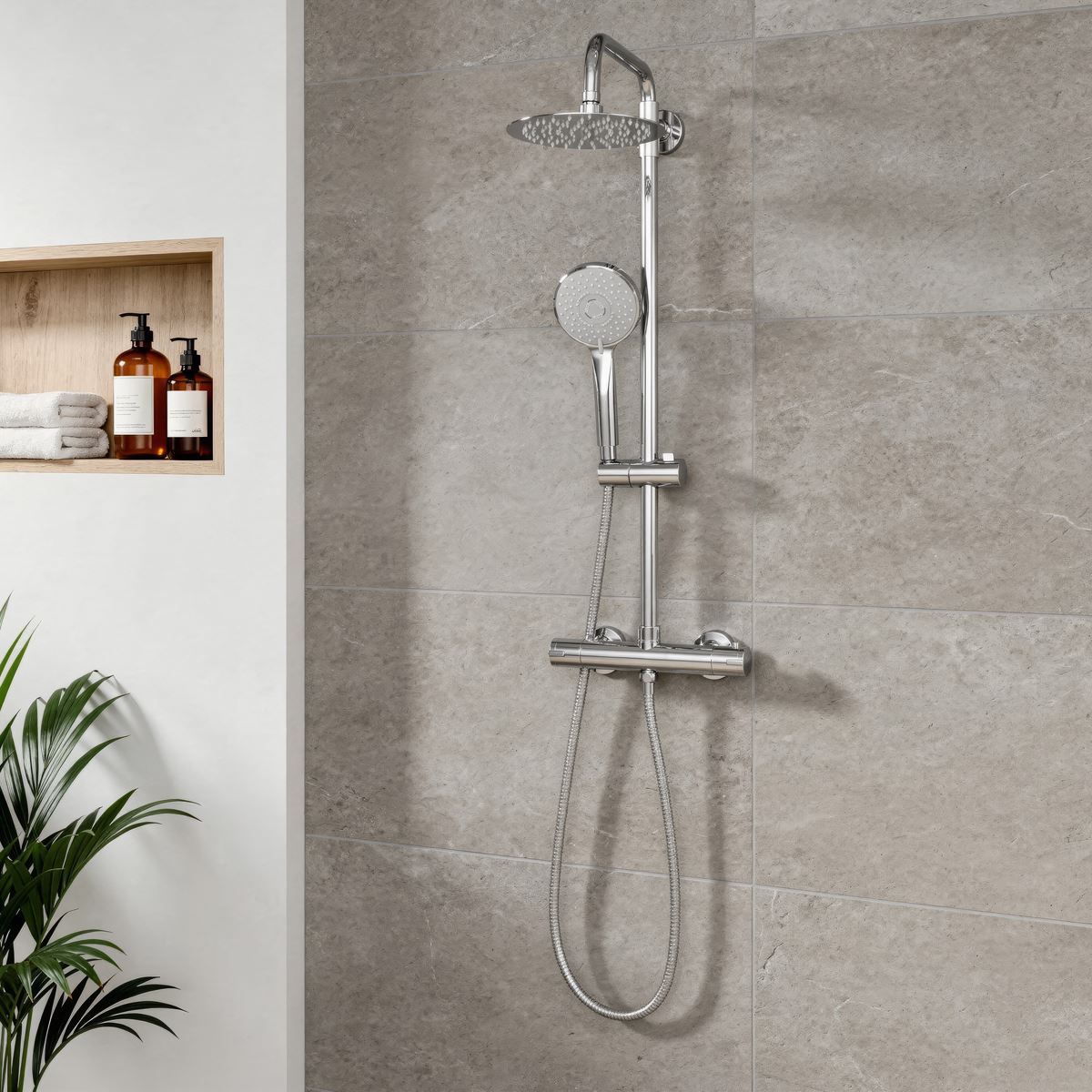 Baridi Thermostatic Shower Mixer Set, 20cm Round Head, Adjustable Rail - Chrome DH314