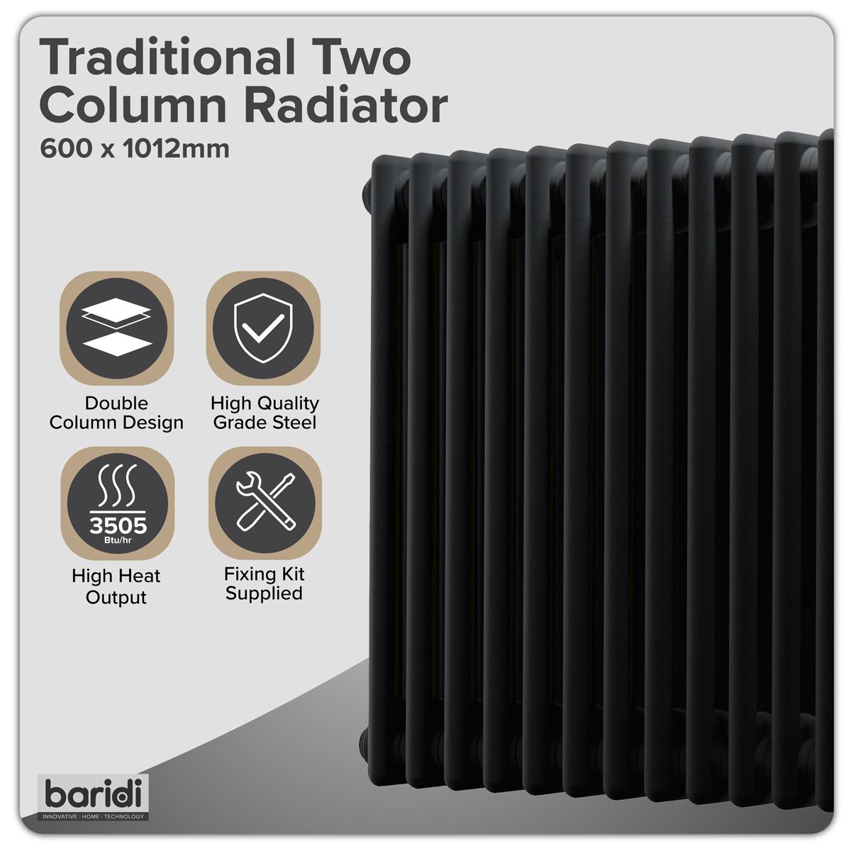 Baridi Horizontal Traditional 2 Column Radiator 600 x 1012mm � Black DH364