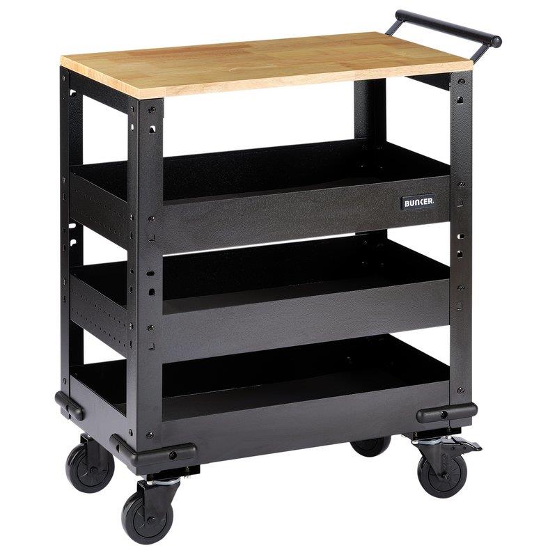BUNKER 3 Tier Trolley with Pull Handle and Hardwood Worktop, 714mm