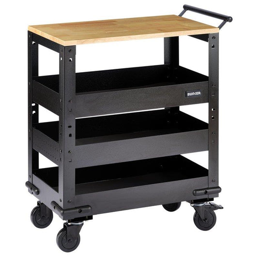 BUNKER 3 Tier Trolley with Pull Handle and Hardwood Worktop, 714mm