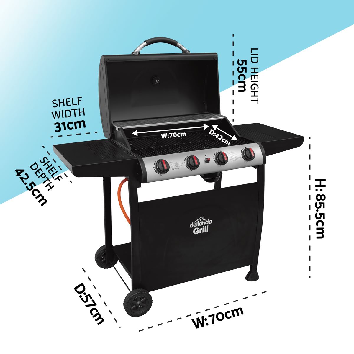 Dellonda 4 Burner Gas BBQ Grill, Ignition, Thermometer, Black/Stainless Steel DG15