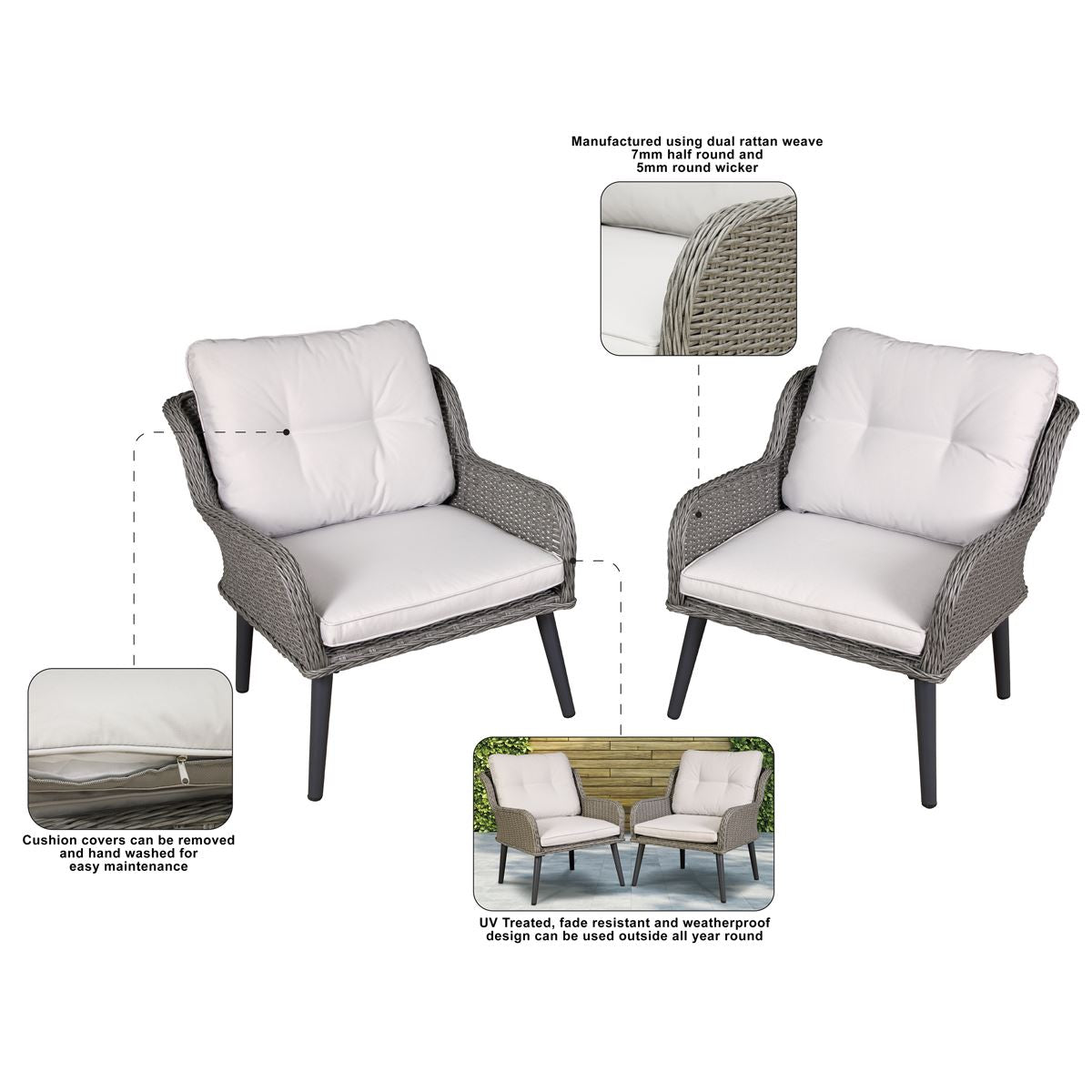 Sealey Dellonda Buxton Rattan Wicker Outdoor Lounge Chairs with Cushion, Grey DG79