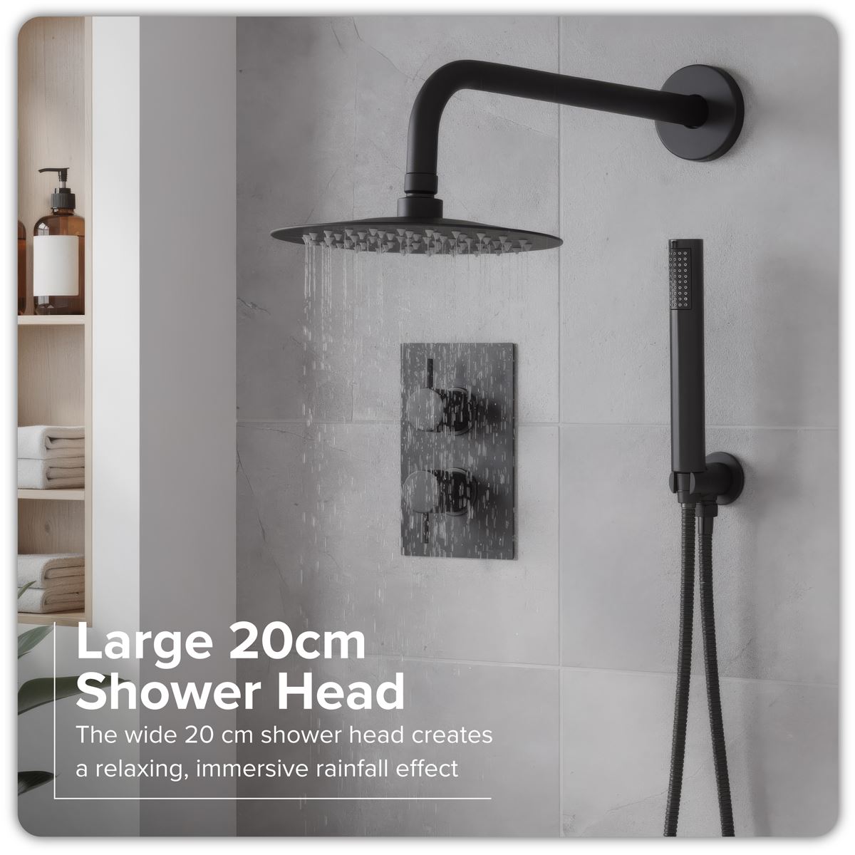 Baridi Concealed Thermostatic Shower Set, 20cm Round Head & Hand Shower - Black