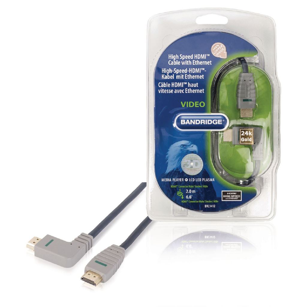 Bandridge High Speed HDMI Cable with Ethernet HDMI Connector to HDMI Connector (right-angled) 2m blue