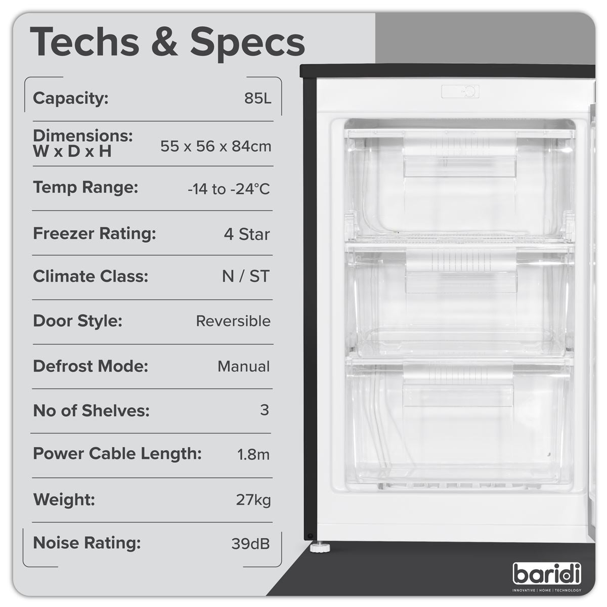 Baridi 55cm Undercounter Freezer with Adjustable Thermostat, 85L - Black DH251