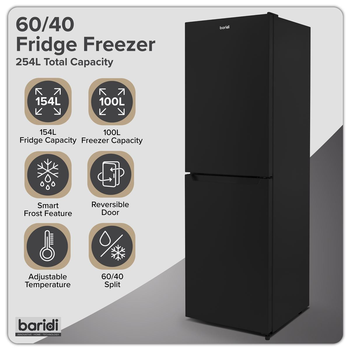 Baridi 50/50 Smart Frost Fridge Freezer 254L Capacity � Black DH329