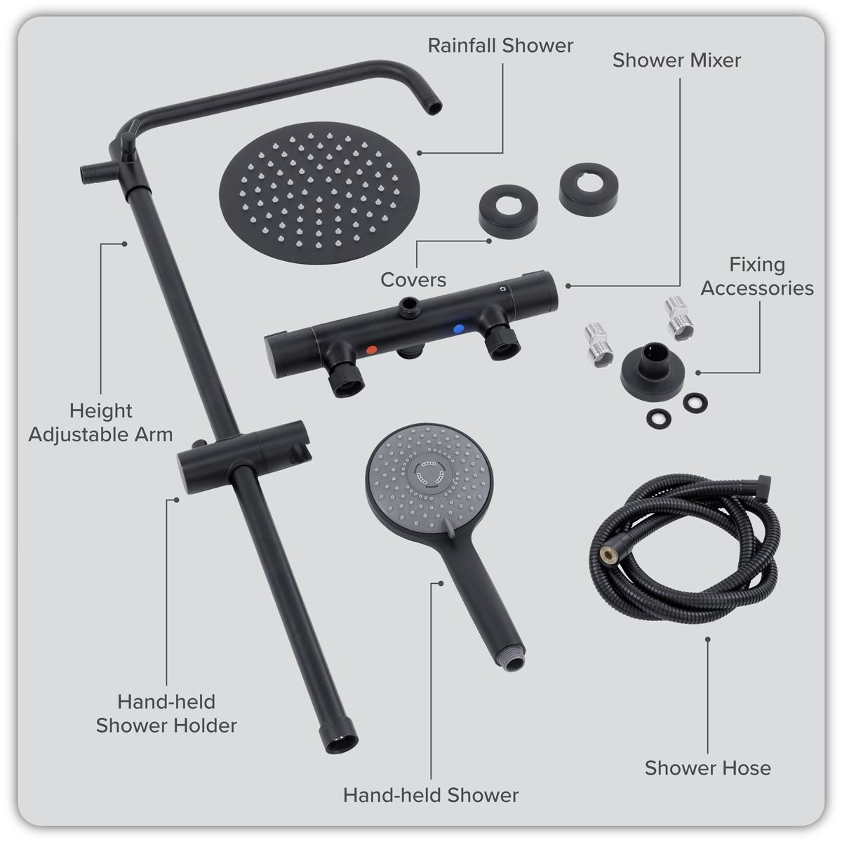 Baridi Thermostatic Shower Mixer Set, 20cm Round Head, Adjustable Rail - Black
