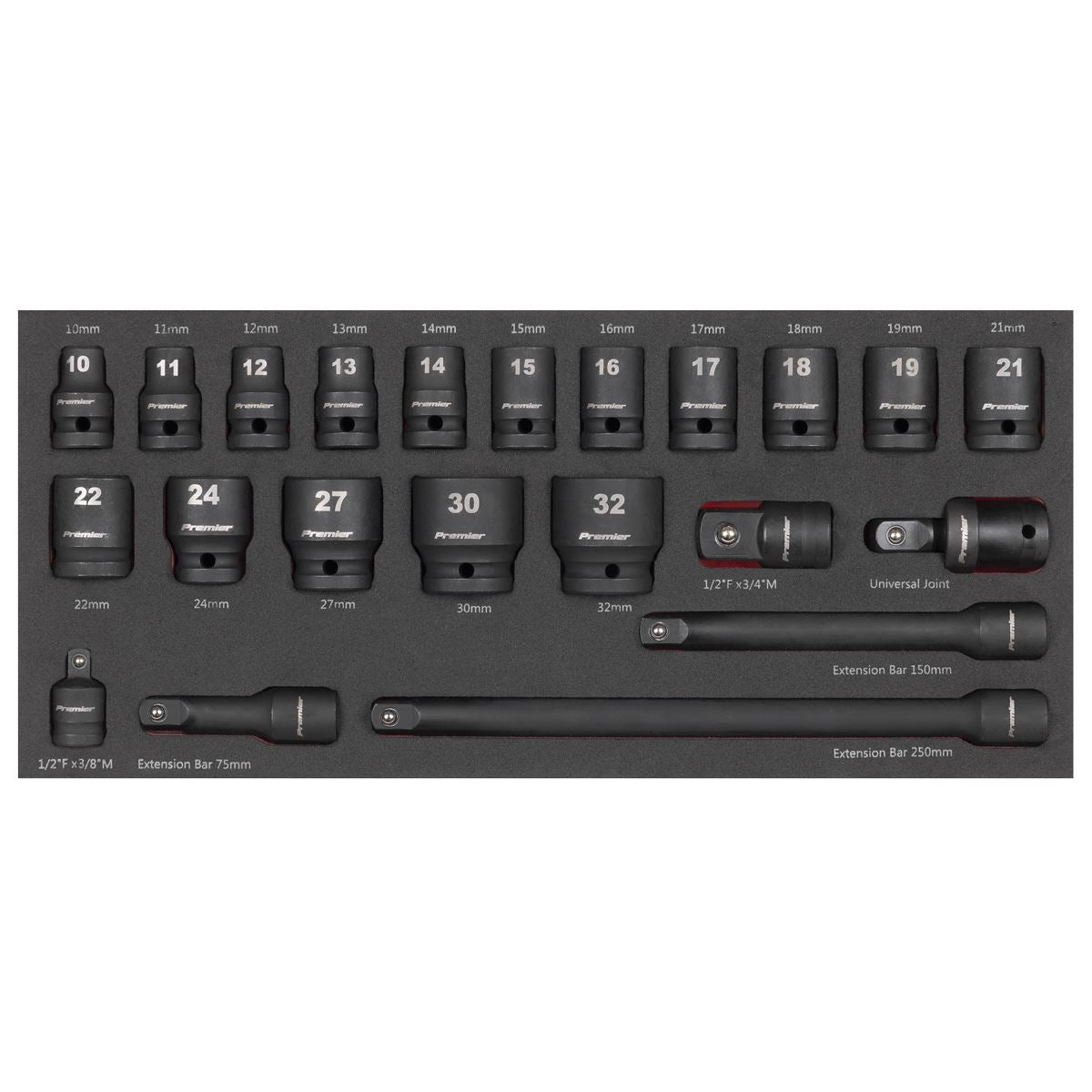 Sealey Premier Impact Socket Set with Tool Tray 1/2"Sq Drive 22pc TBT46