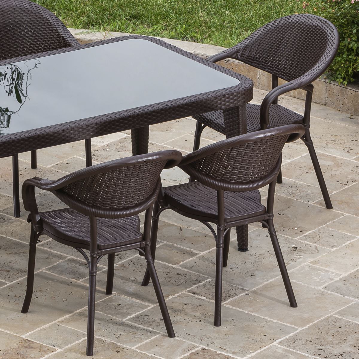 Dellonda Armchair Weather Resistant PP Body Stackable x 6, Dark Wood DG205